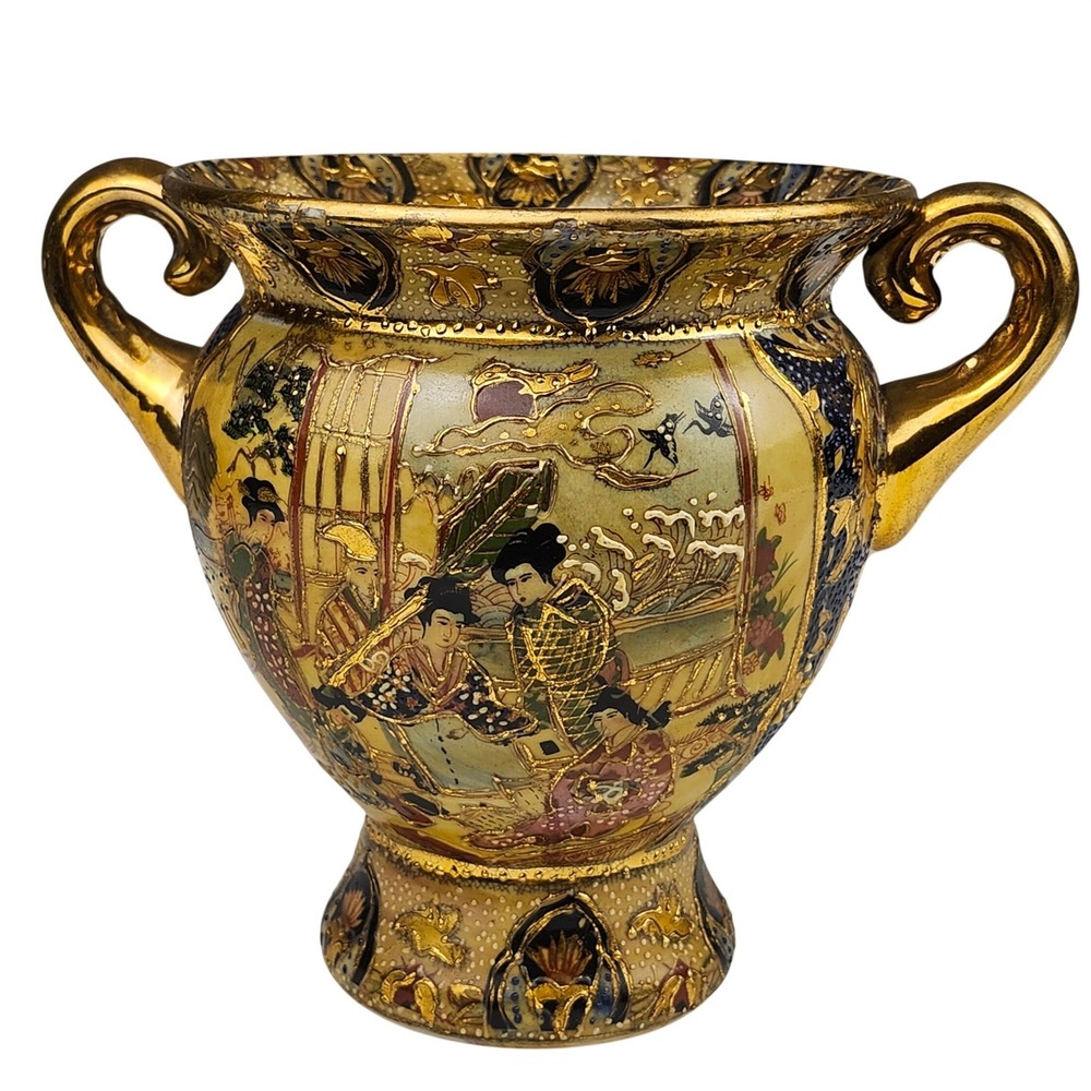 Chinese Satsuma Moriage Vase Urn Gold Gilt Geisha Scene Double Handle Decor 6"
